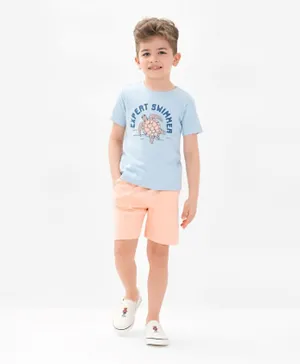 Bonfino 100% Cotton Knit Half Sleeves T-Shirt And Shorts Set With Turtle Print - Light Blue & Peach
