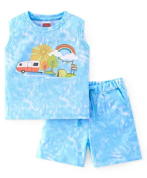 Babyhug Cotton Knit Sleeveless T-Shirt & Shorts Set Camping Theme Print - Blue