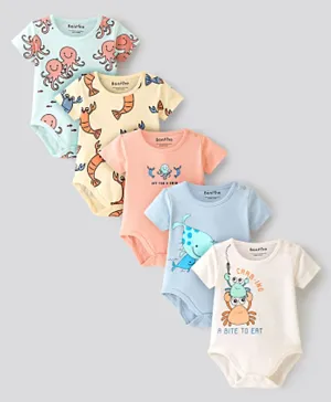 Bonfino Cotton Knit Half Sleeves Onesies Octopus Lobster & Carb Print Pack of 5 - Multicolour