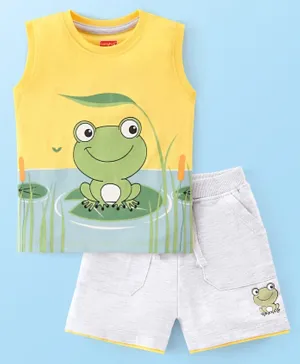 Babyhug 100% Cotton Knit Sleeveless T-Shirt & Shorts With Frog Print - Grey & Yellow