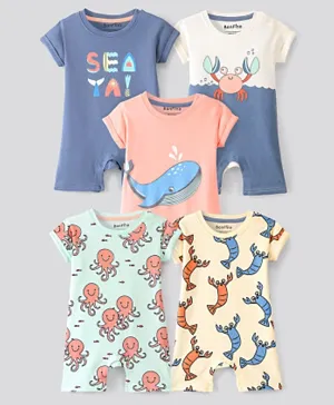 Bonfino 5 Pack 100% Cotton Knit Half Sleeves Romper With Sea Life Print - Multi Color