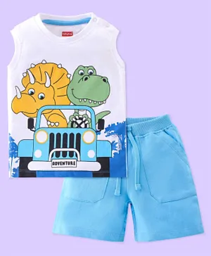 Babyhug Cotton Knit Sleeveless T-Shirt & Shorts Set Dino Print - White & Blue