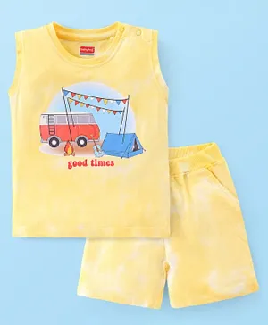Babyhug 100% Cotton Sleeveless T-Shirt & Shorts With Camp Theme Print - Yellow