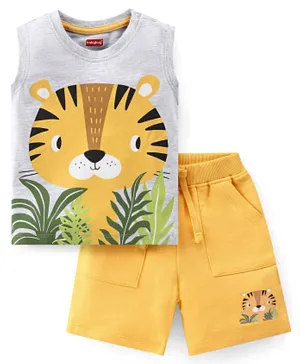 Babyhug Cotton Knit Sleeveless T-Shirt & Shorts Set Tiger Print - White Melange & Yellow
