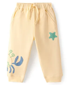 Bonfino 100% Cotton Knit Full Length Joggers With Crab Print & Star Applique - Yellow