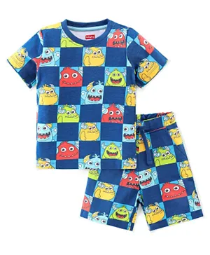 Babyhug 100% Cotton Single Jersey Knit Half Sleeves T-Shirt & Shorts Set Monsters Print - Blue