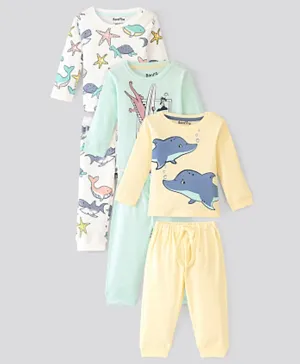 Bonfino Cotton Knit Full Sleeves Night Suit Turtle Print Pack Of 3 - Off White Mint Green & Light Yellow