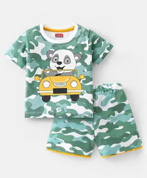 Babyhug 100% Cotton Knit Half Sleeves T-Shirt & Shorts With Camouflage & Panda Print - Green