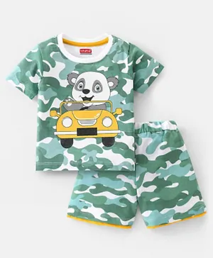 Babyhug 100% Cotton Knit Half Sleeves T-Shirt & Shorts With Camouflage & Panda Print - Green