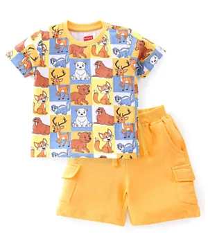 Babyhug 100% Cotton Single Jersey Knit Half Sleeves T-Shirt and Shorts Set Bear Print - Yellow & Multicolor