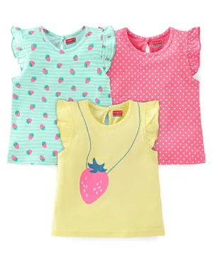 Babyhug Cotton Knit Frill Sleeves Strawberries & Polka Dots Printed Tops Pack of 3 - Multicolor