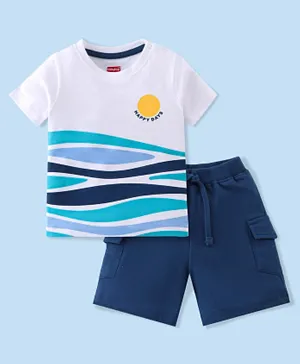Babyhug Cotton Knit Half Sleeves Waves Print T-Shirt & Shorts Set - White & Blue