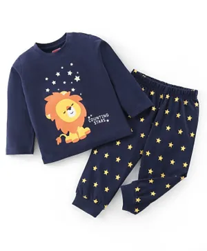 Babyhug Cotton Knit Single Jersey Quick Drying Full Sleeves Lion & Star Print Pyjama Set - Navy Blue