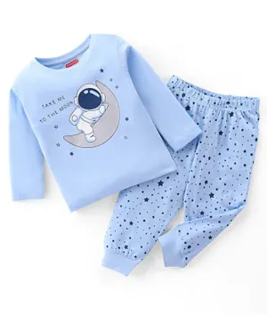 Babyhug Cotton Single Jersey Knit Full Sleeves Night Suit Space Print - Blue