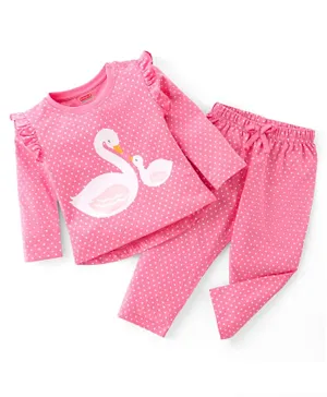 Babyhug Cotton Single Jersey Knit Full Sleeves Swan & Dot Print  Night Suit  - Pink