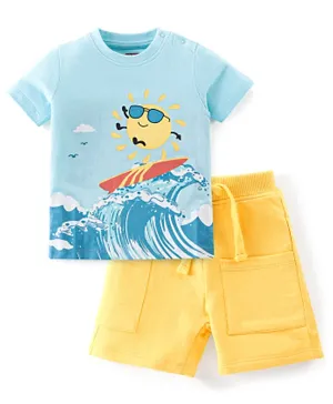 Babyhug 100% Cotton Single Jersey Knit Half Sleeves T-Shirt & Shorts Surfing Print - Light Blue & Yellow