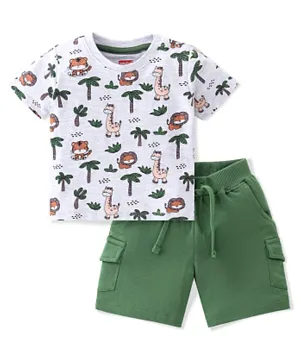 Babyhug Cotton Knit Half Sleeves T-Shirt & Shorts Set Giraffe Print - White & Green