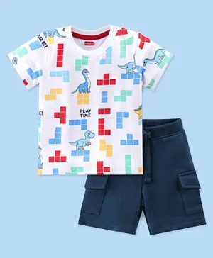 Babyhug 100% Cotton Single Jersey Knit Half Sleeves T-Shirt & Shorts Set Dino Print - White & Blue