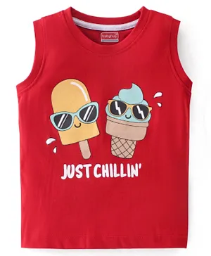 Babyhug Cotton Knit Sleeveless T-Shirt with Ice Cream Graphic Print - Red