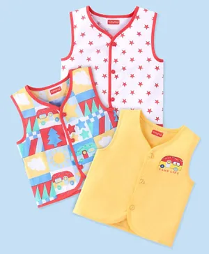 Babyhug 100% Cotton Sleeveless Front Open Jhabla Camp Theme Print Pack Of 3 - Yellow & White