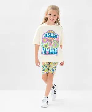 Primo Gino Cotton  Half Sleeves T-Shirt & Cycling Shorts Set with Text & Garden Print - Cream & Pink