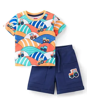 Babyhug 100% Cotton Knit Half Sleeves T-Shirt & Shorts With Tractor Patch & Print - Navy Blue