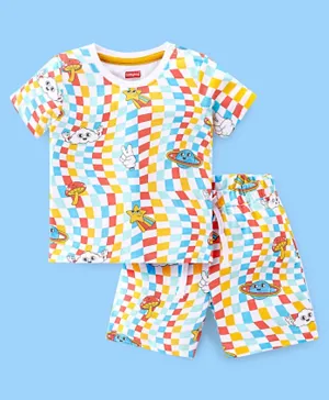 Babyhug 100% Cotton Knit Single Jersey Half Sleeves T-Shirt & Shorts/Co-ord Set Checkered - Multicolour