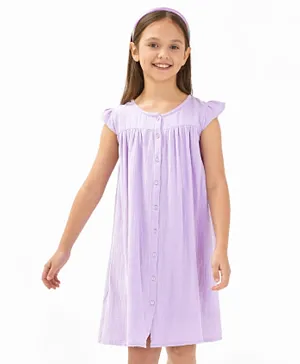 Primo Gino 100% Cotton Woven Cap Sleeves Solid Color A Line Double Gauze Dress - Lilac