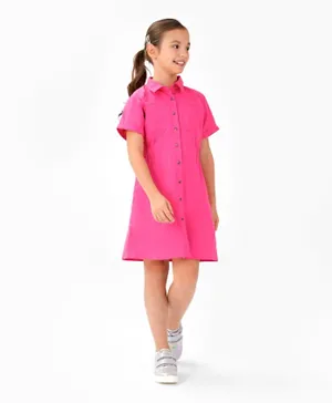 Primo Gino Cotton Lycra Woven Half Sleeves Solid Shirt Dress -Pink
