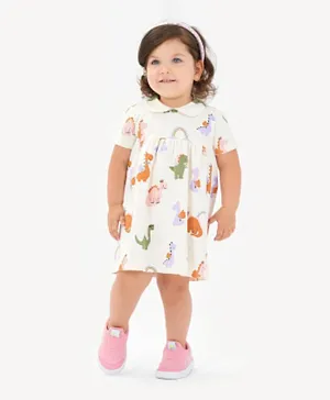 Bonfino Cotton Knit Half Sleeves Frock With Collar Dino Print - Off White