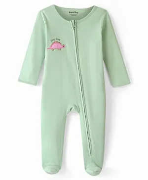 Bonfino 100%  Cotton Knit Full Sleeves Sleepsuit with Dino Patch - Green