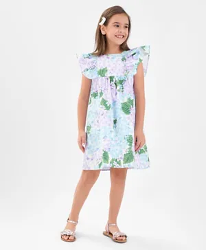 Primo Gino 100% Cotton Woven Floral Printed Frill Sleeve Dress  -White