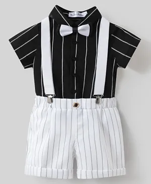 Kookie Kids Striped Shirt & Short Bottom Set With Suspenders & Bow Tie - White & Black
