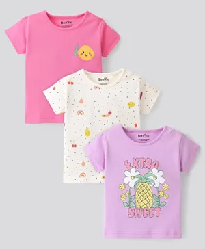 Bonfino 100% Cotton Half Sleeves T-Shirts With Fruit Print & Embroidery Pack Of 3 - Pink & White & Purple