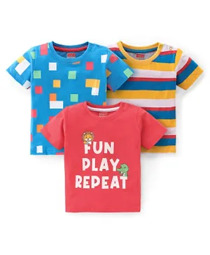 Babyhug Cotton Knit Half Sleeves Striped T-Shirt Text Print Pack of 3 - Red Blue & Yellow