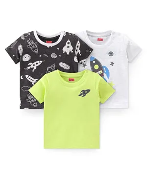 Babyhug 100% Cotton Knit Half Sleeves T-Shirt With Rocket Graphics Pack Of 3 - Black/Green/Grey