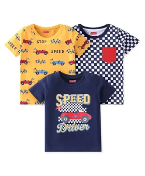 Babyhug Cotton Knit Half Sleeves T-Shirts Racing Car Graphic Print & Checkered Pack of 3 - Multicolor