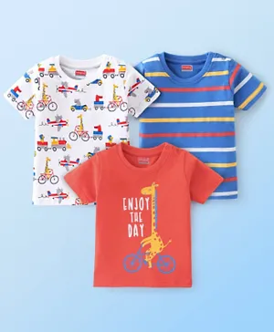 Babyhug Cotton Knit Half Sleeves Striped T-Shirts Giraffe Print Pack of 3 - Multicolor