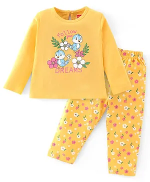 Babyhug Cotton Knit Full Sleeves Night Suit With Bird Print - Yellow