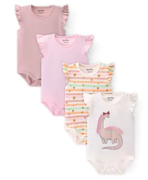 Bonfino Cotton Knit Frill Sleeves Onesies  Solid Stripped & Dino Print Pack of 4 - Multicolour
