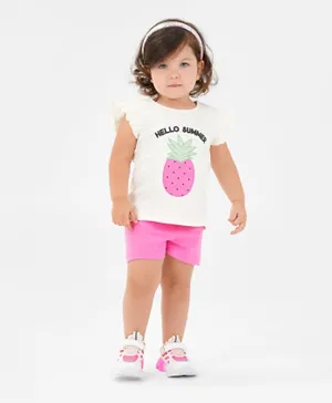 Bonfino 100% Cotton Knit T-Shirt & Shorts With Pineapple Embroidery Set - Pink & White