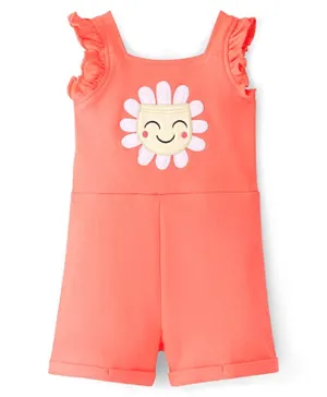 Bonfino Cotton Knit Sleeveless Dungaree  with Frill Detailing & Floral Patch - Peach