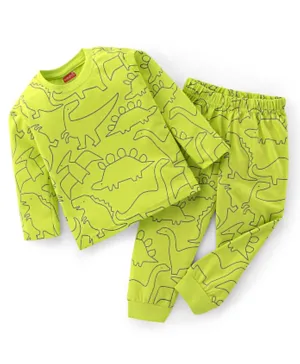 Babyhug Cotton Knit Full Sleeves Night Suit With Dino Print - Green