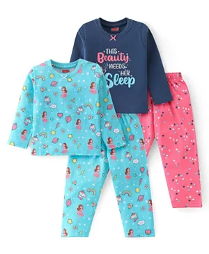 Babyhug Cotton Knit Full Sleeves Night Suits Unicorn & Text Print Pack of 2 - Navy Blue & Pink