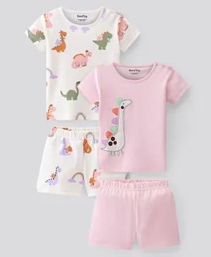 Bonfino 100% Cotton Knit Half Sleeves Night Suit Dino Print Pack of 2 - Pink & Off White