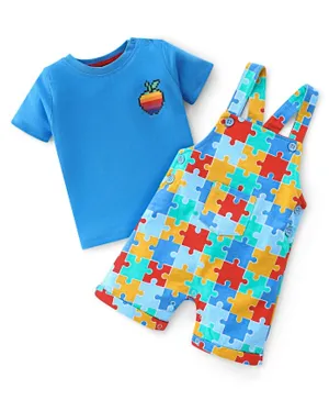 Babyhug Cotton Knit Dungaree with Half Sleeves Inner Tee Set Puzzles Print - Blue & Red
