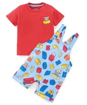 Babyhug Cotton Knit Dungaree with Half Sleeves Inner Tee Set Teddy & Blocks Print - Light Blue & Red
