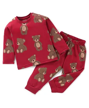 Babyhug 100% Cotton Single Jersey Knit Full Sleeves Night Suit Bear Print - Maroon