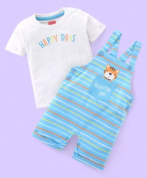 Babyhug 100% Cotton Knit Dungaree & Half Sleeves T-Shirt Set Text Print With Striped - Blue & White