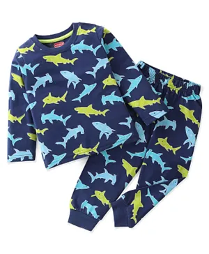 Babyhug Single Jersey Full Sleeves Night Suit Sharks Print - Navy Blue